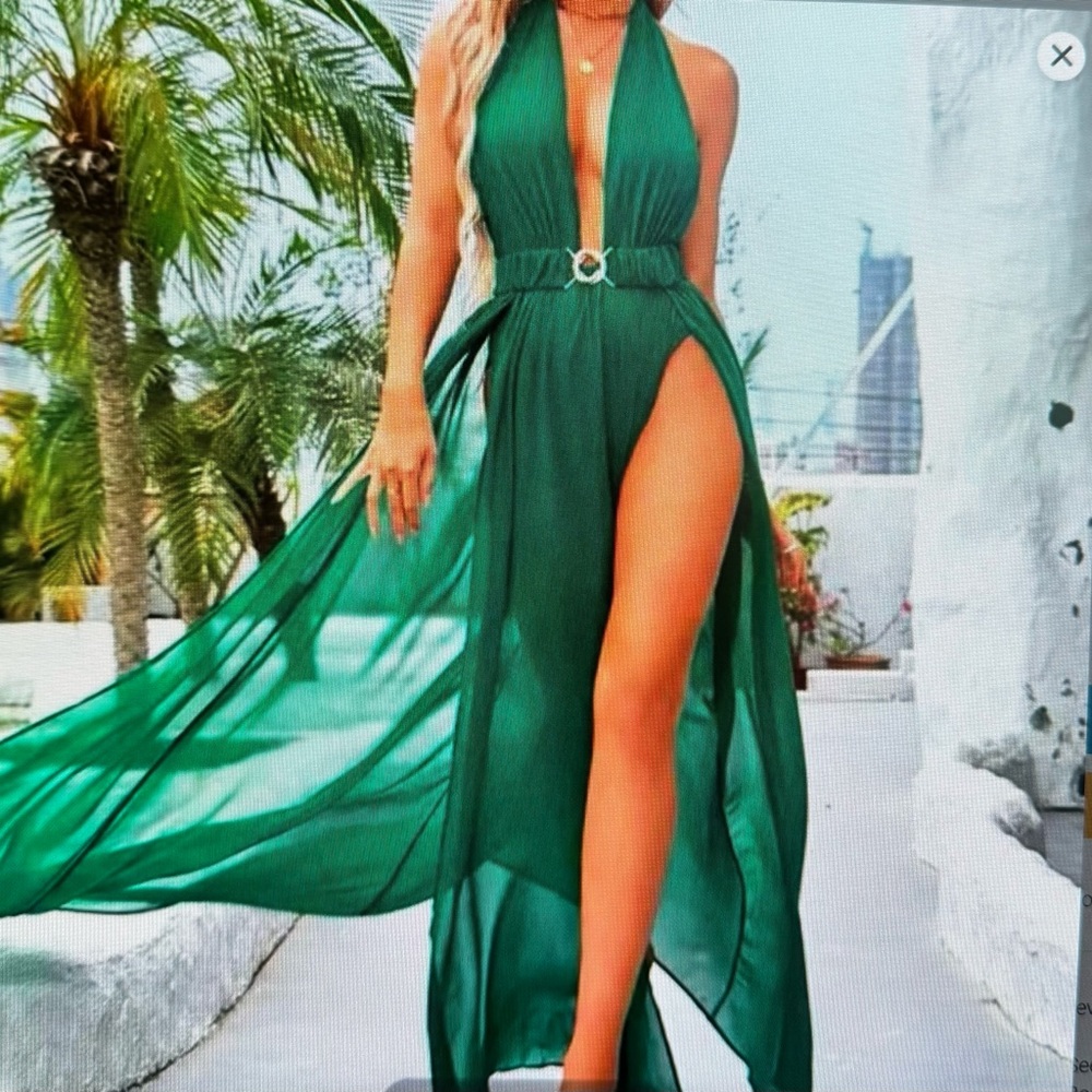 Love & Lemonade Green V-Neck Halter Sleeveless Open Back Thigh Split Dress-xs